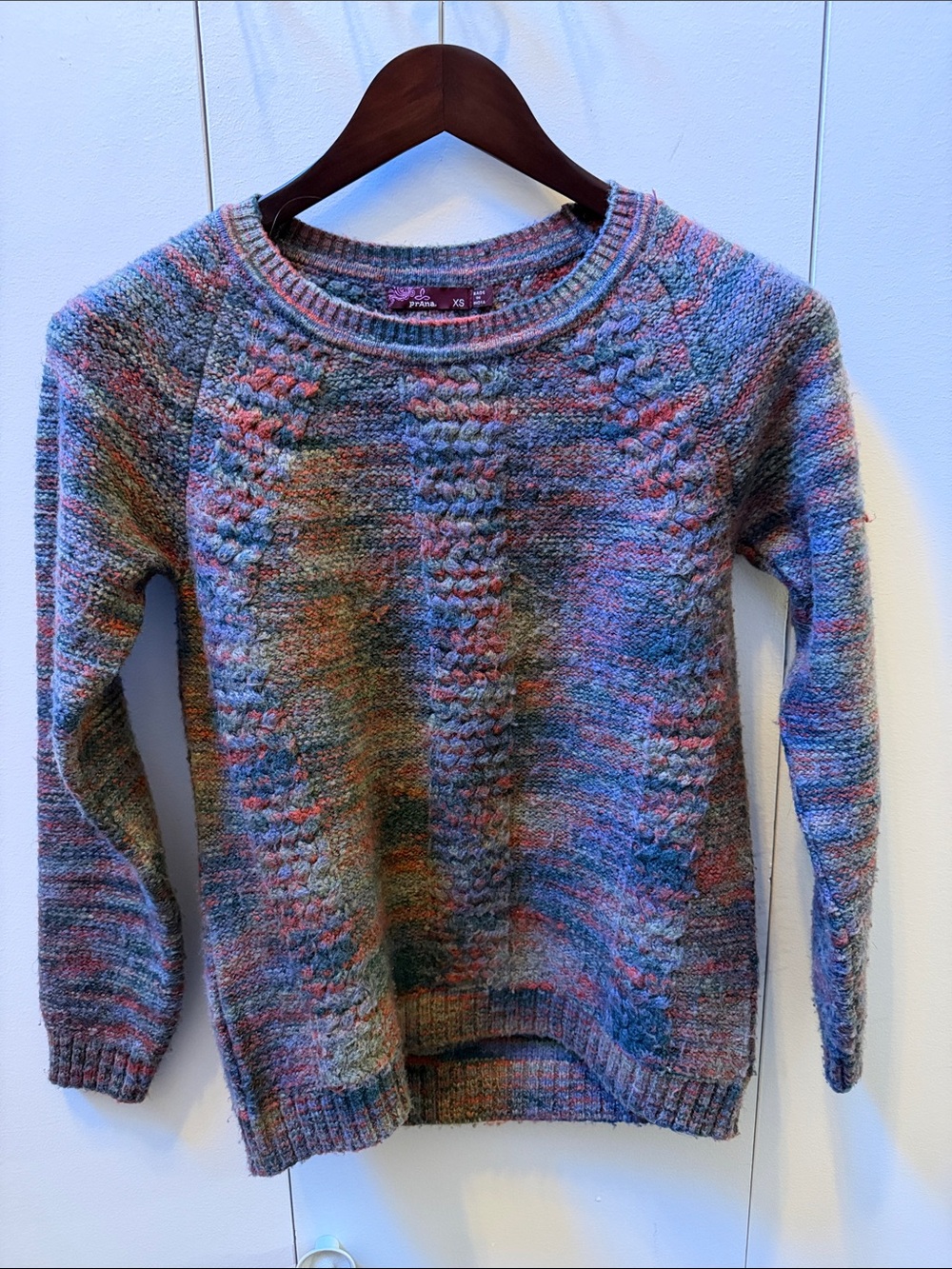 Prana Multicolor Cable-Knit Crewneck Sweater in Blue, Pink, Gray
